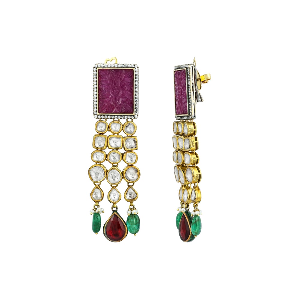 Carved Ruby Earrings with Polki, Red Teardrop & Emerald Beads